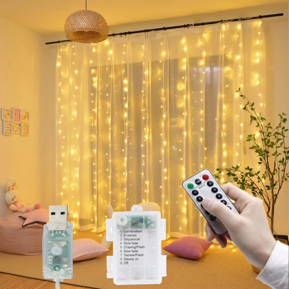 Guirnalda de luces LED con batería de 3M x 1M/2M/3M, guirnalda de luces USB para decoración de cortinas para el hogar, fiesta de boda, Navidad