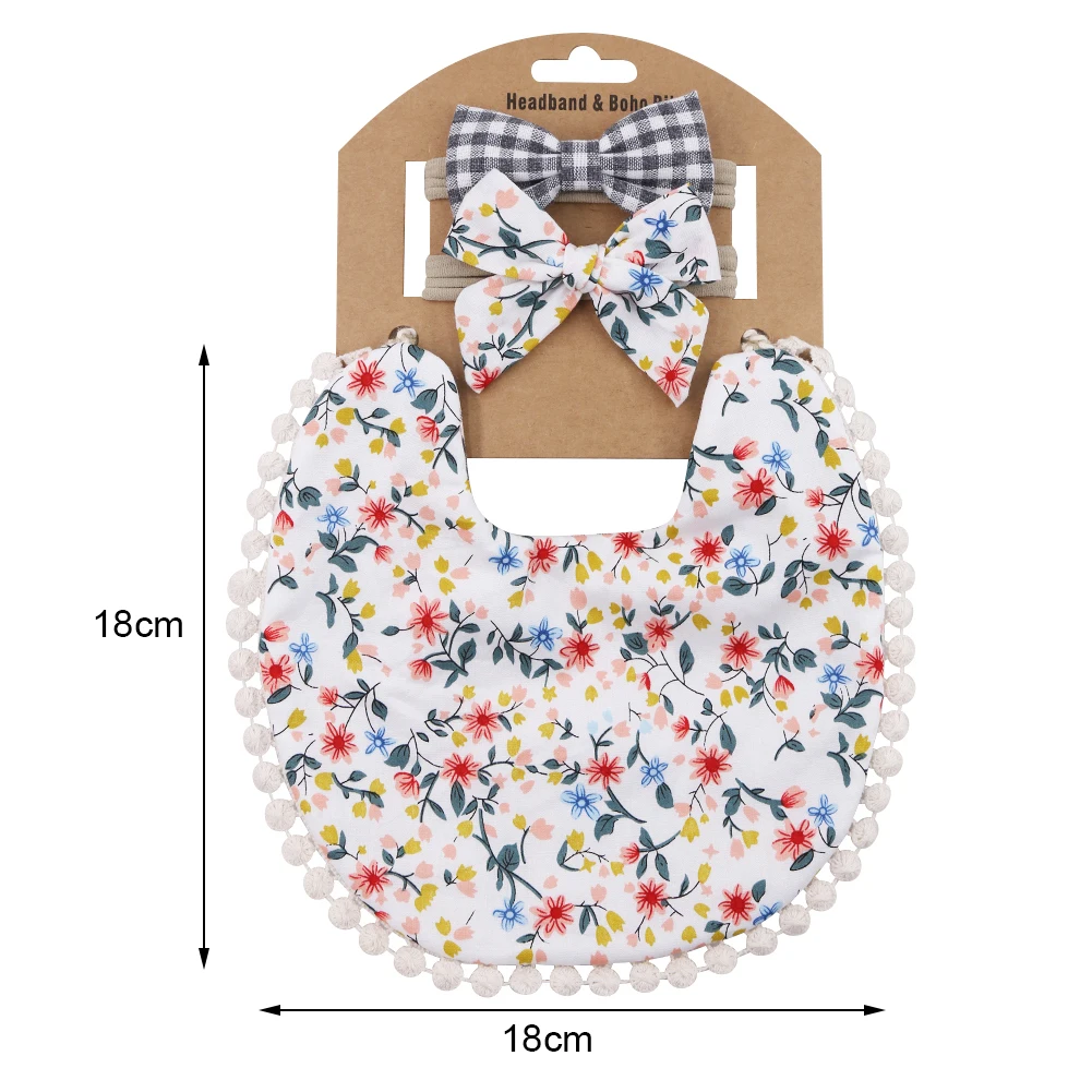 2 set/lote de Baberos bordados con estampado de flores para bebé, diademas, pajarita, bufanda, Bandana de doble cara, toalla de Saliva para niños pequeños, paño para eructar de alimentación