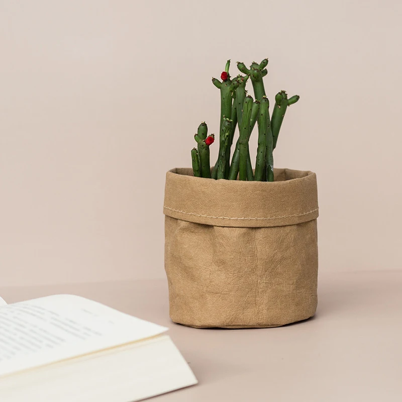 Cesta de flores de papel Kraft Retro para maquillaje de escritorio, cesta de almacenamiento de tela lavable, cubierta de maceta de flores, soporte para bolígrafos, suministros para el hogar