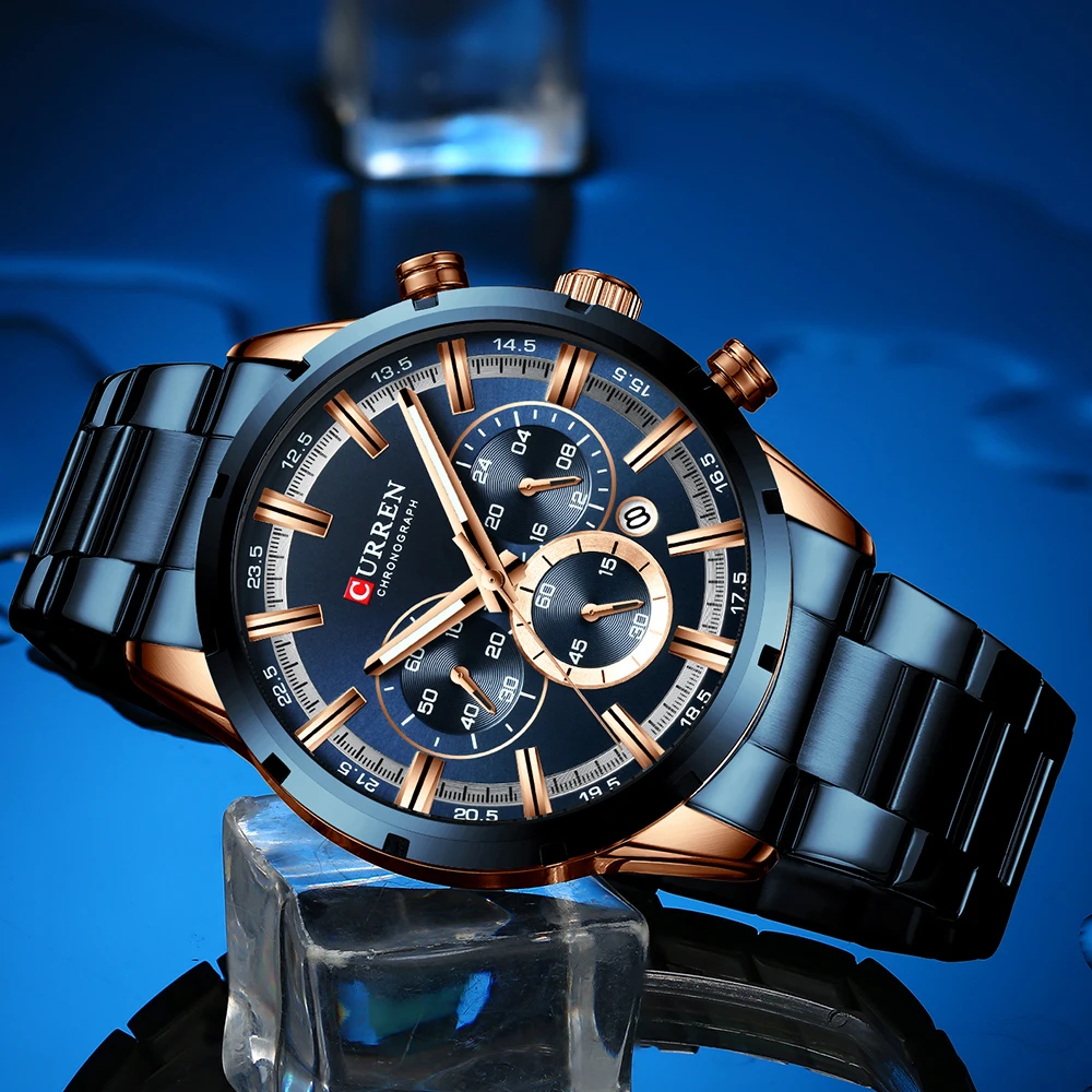 Reloj Curren para hombre, esfera azul, banda de acero inoxidable, fecha, relojes de negocios para hombre, relojes de pulsera de lujo resistentes al agua para hombre