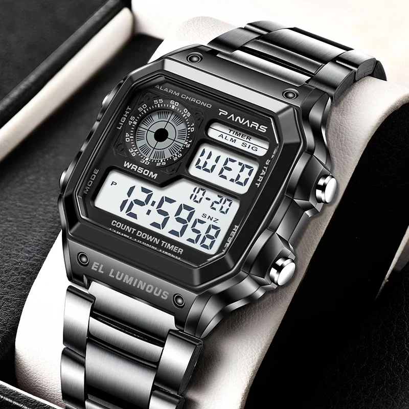 Reloj de pulsera deportivo militar para hombre, relojes de acero inoxidable 5BAR resistentes al agua, pantalla cuadrada Digital para hombre, reloj Masculino