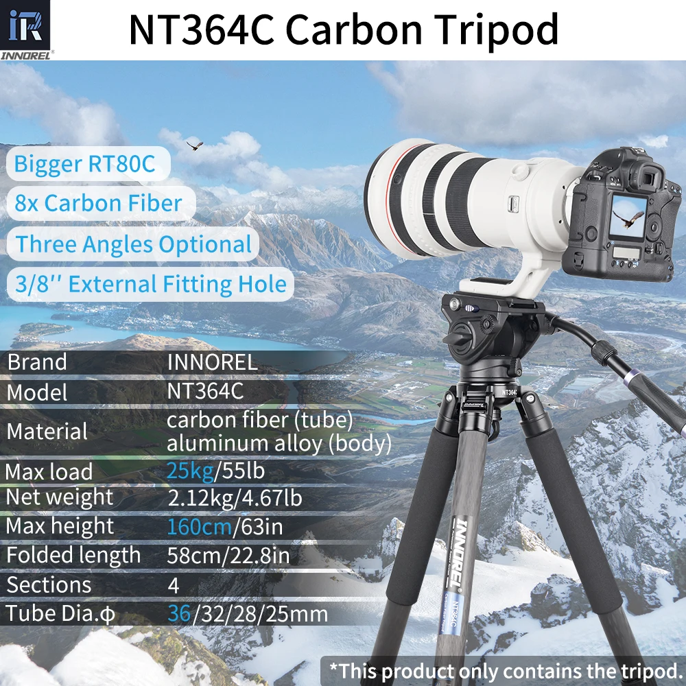 Trípode profesional NT364C de fibra de carbono para cámara DSLR, videocámara, resistente, carga máxima de 25kg, soporte para cámara de observación de aves