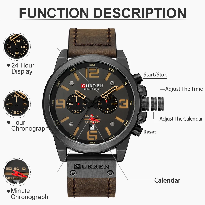 Relojes CURREN para hombre, marca de lujo, reloj de pulsera deportivo resistente al agua, cronógrafo de cuarzo, reloj militar de cuero genuino, reloj Masculino
