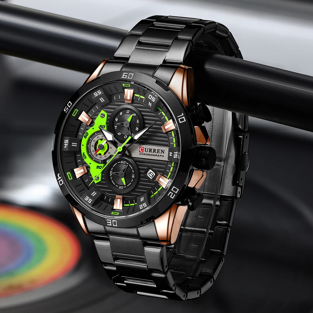 Relojes CURREN de acero inoxidable para hombre, Esfera luminosa de moda creativa con cronógrafo, relojes de pulsera informales para hombre