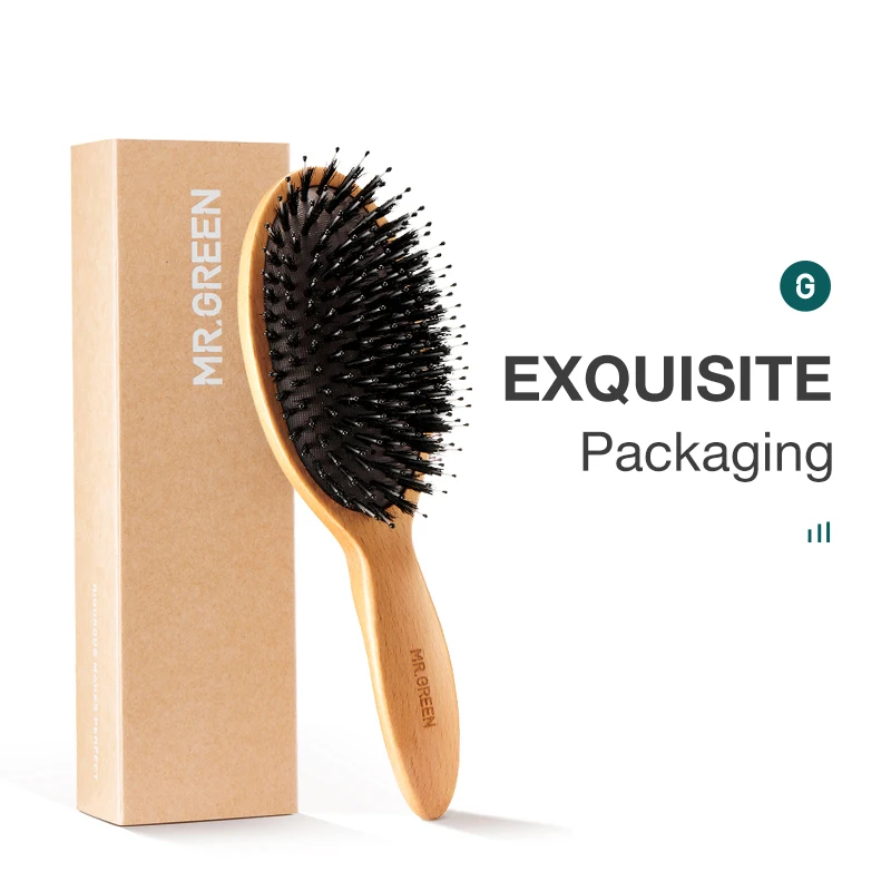 MR.GREEN-cepillo de pelo de cerdas de jabalí para mujer, peine de haya Natural para cabello rizado, grueso, largo, seco, mojado, desenredador, cepillos de masaje