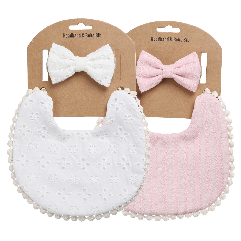 2 set/lote de Baberos bordados con estampado de flores para bebé, diademas, pajarita, bufanda, Bandana de doble cara, toalla de Saliva para niños pequeños, paño para eructar de alimentación