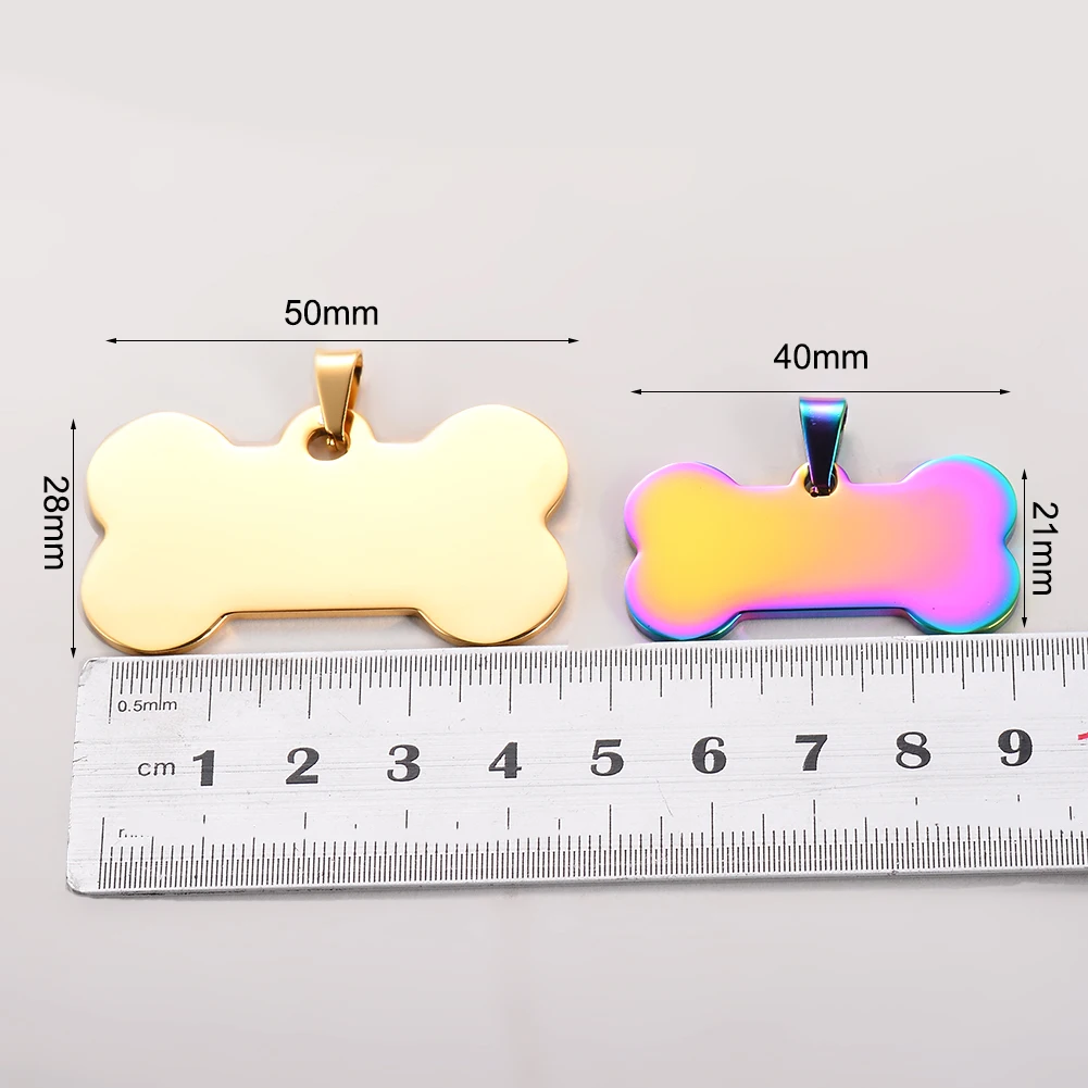 10 Uds. Venta al por mayor de etiquetas de identificación de perro/gato con forma de hueso de acero inoxidable, accesorios para Collar, joyería de etiqueta de identificación de mascota en blanco en 6 colores