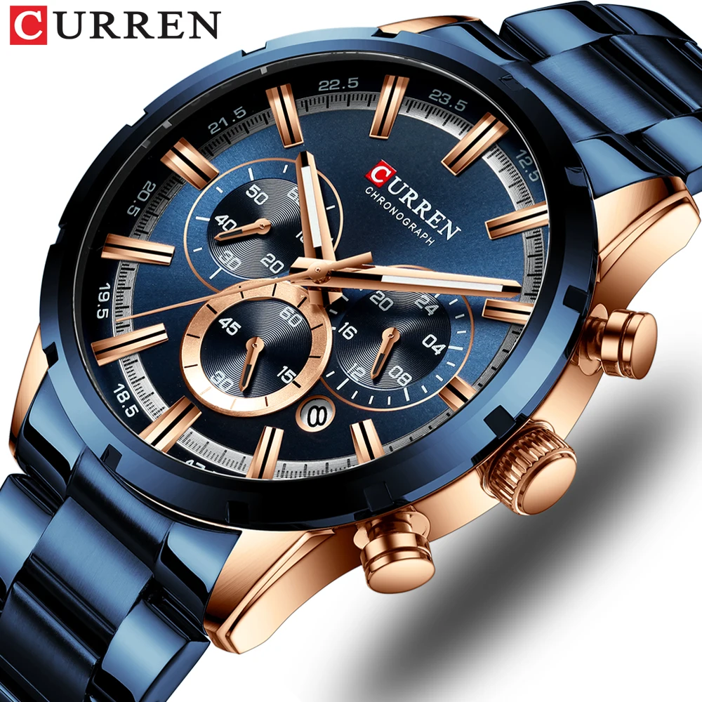 Reloj Curren para hombre, esfera azul, banda de acero inoxidable, fecha, relojes de negocios para hombre, relojes de pulsera de lujo resistentes al agua para hombre