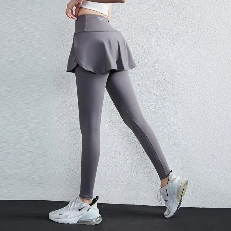 Legging de cintura alta, ropa de gimnasia elástica de nailon, entrenamiento, correr, ropa deportiva, pantalones de Yoga, entrenamiento de levantamiento de cadera, dos faldas + Pantalones falsos