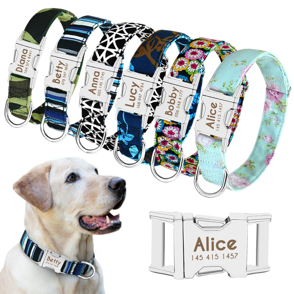 Collar de accesorios para perros personalizado, Collar para cachorros con estampado de nailon, collares de identificación para perros, identificación grabada gratis para perros pequeños, medianos y grandes