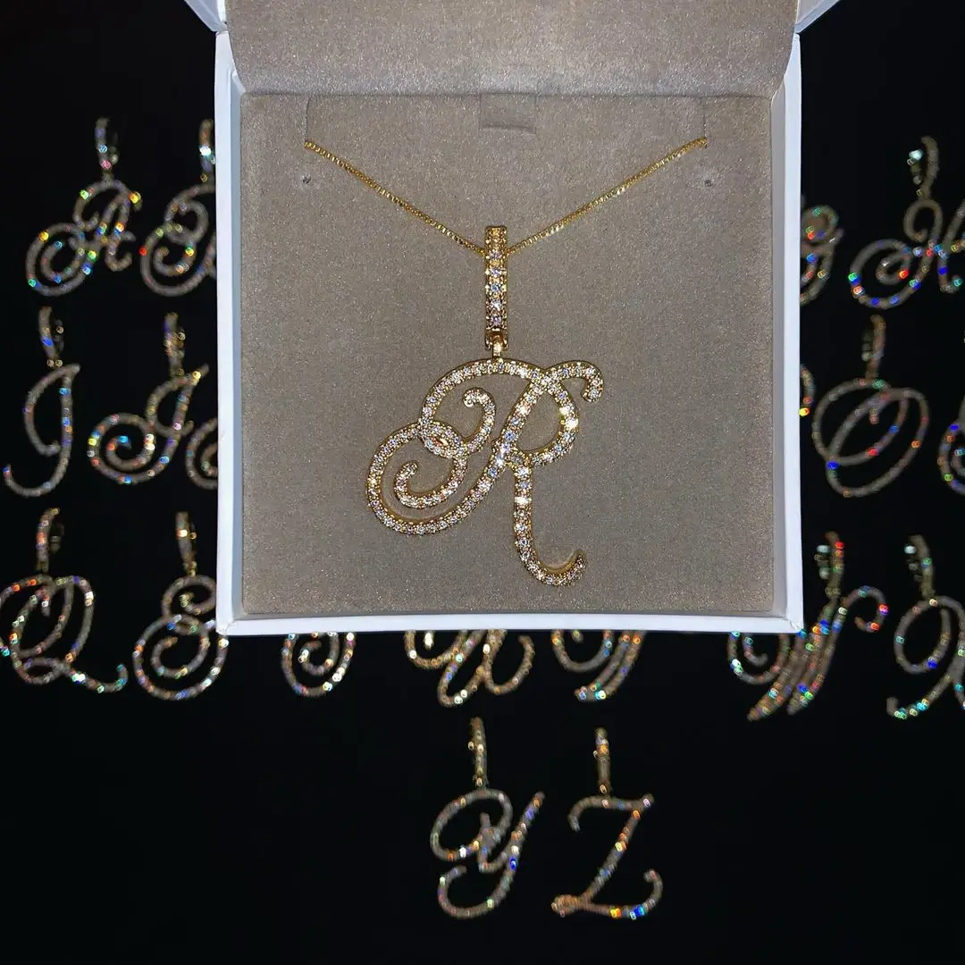 Collar con colgante de 26 letras iniciales cursivas, Micro pavé 5A, Zirconia cúbica CZ, joyería con nombre del alfabeto