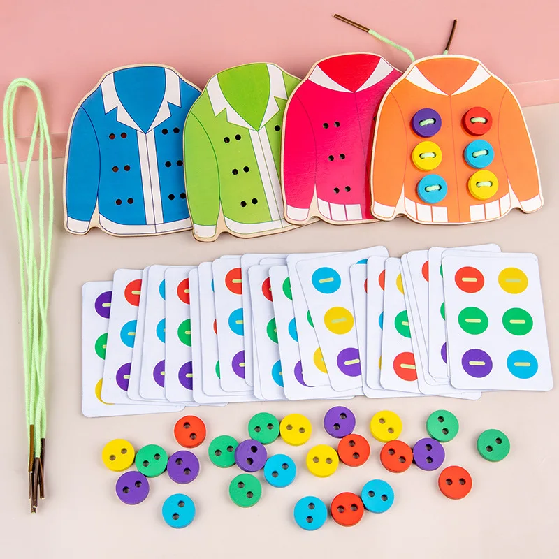 1 Juego de juguetes Montessori para aprender habilidades de vida, botón de enhebrado, ayuda para enseñanza, botón de costura, juego de mesa de entrenamiento, regalo para niños y niñas