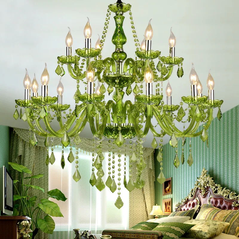 Candelabro de cristal verde de lujo, lámpara colgante de vela E14 para salón de bodas, dormitorio, Villa, Hotel, restaurante, cafetería, Bar