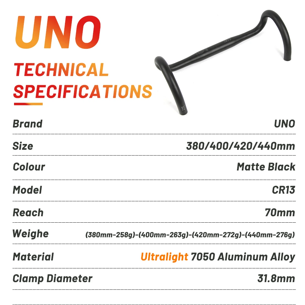 UNO-Manillar curvo de aluminio ultraligero para bicicleta de carreras, 7050x31,8/380/400/420mm, barra de caída, 440