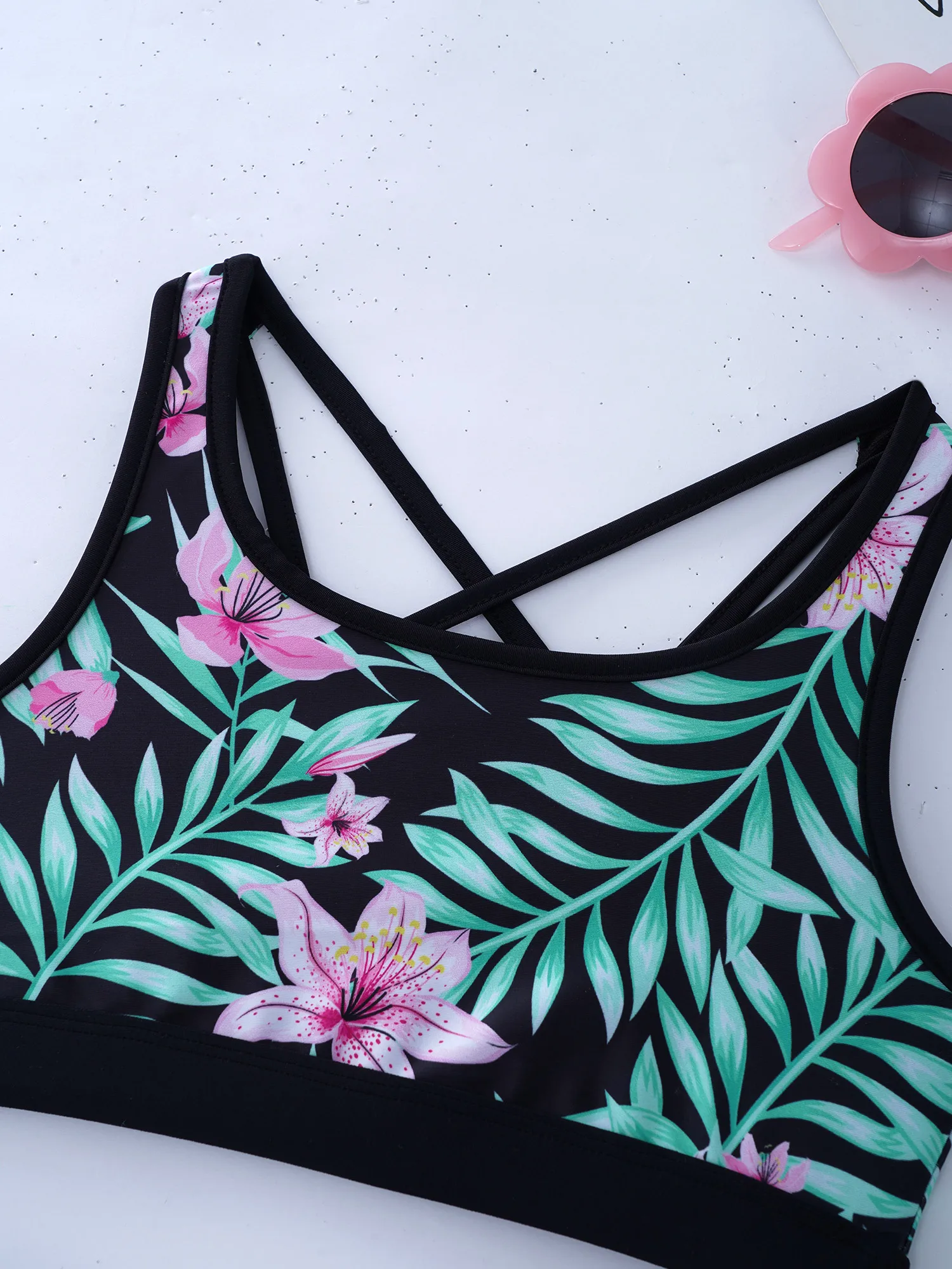 Traje de baño estampado para niñas adolescentes, traje de baño con tirantes cruzados, Tops cortos con pantalones cortos, conjunto de bragas, traje de baño para playa, piscina, parque acuático, protector contra sarpullidos