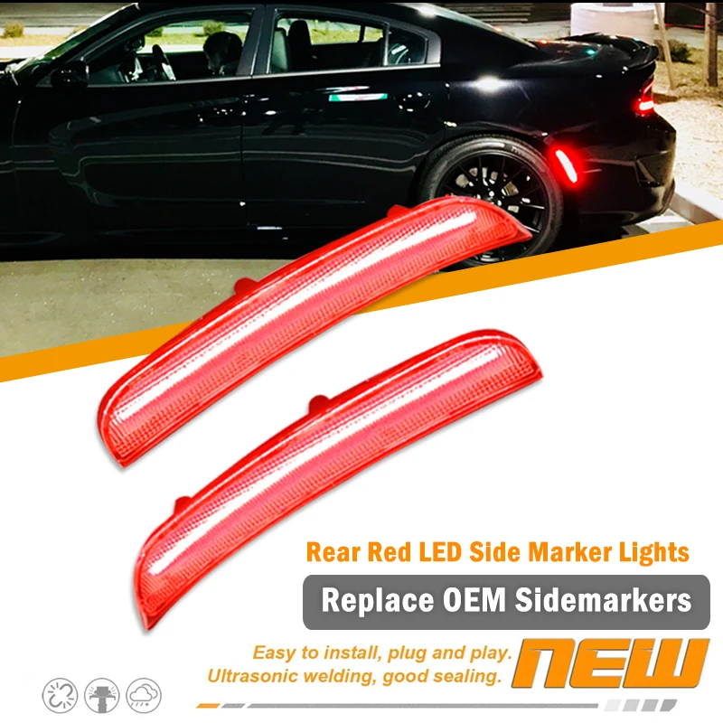 Kit de luces de posición lateral LED completo para parachoques delantero/trasero ámbar/rojo iJDM para Dodge Charger 2015-up, reemplaza las lámparas de marcador lateral OEM de 12V