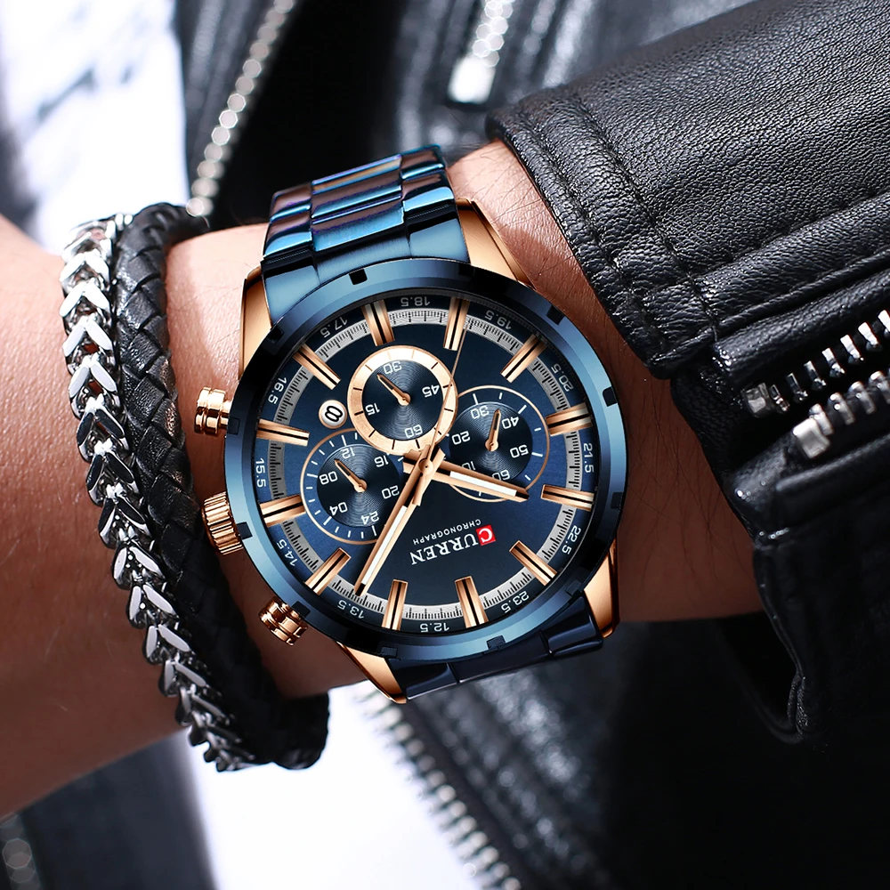 Reloj Curren para hombre, esfera azul, banda de acero inoxidable, fecha, relojes de negocios para hombre, relojes de pulsera de lujo resistentes al agua para hombre