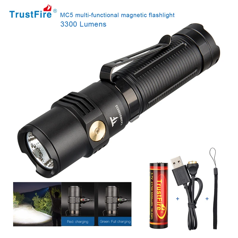 Linternas Led de alta potencia Trustfire MC5 3300 lúmenes recargable Edc carga magnética uso 21700 antorchas indicadoras de energía de batería
