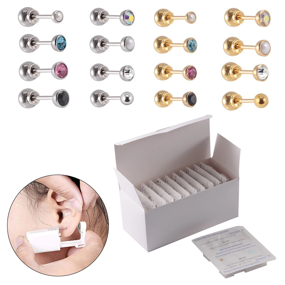24 unids/caja unidad de perforación de oreja estéril desechable cartílago Tragus Helix pistola autoperforante sin dolor perforador con hebilla de bola segura