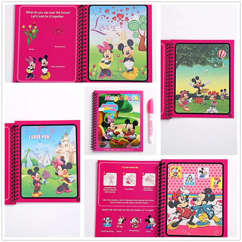 Disney Minnie Mickey pintura al agua juguetes de dibujo Graffiti anime figura de acción acuarela libro mágico para niña regalo de cumpleaños