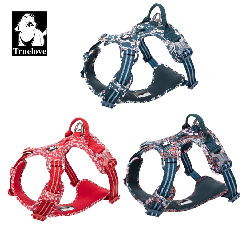 Truelove Arnés para mascotas Floral No Pull Tela de algodón Transpirable y reflectante Suave Gatos Perros Pequeño Mediano Caminar Correr TLH5655