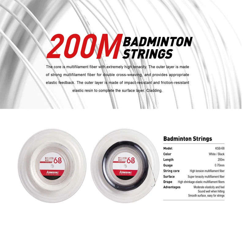 Cuerdas de bádminton Kawasaki de 200m, potencia de repulsión duradera, alta potencia de repulsión, accesorio deportivo, Ksb-68