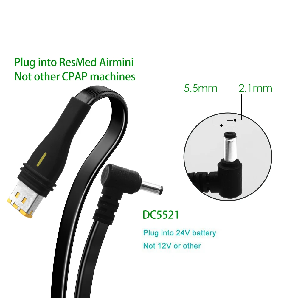 Cable de Alimentación CC para ResMed AirMini CPAP, Cable de Alimentación de 24V para Batería Externa/Banco de Energía, Adaptador de Viaje Portátil de 5.5x2.1mm