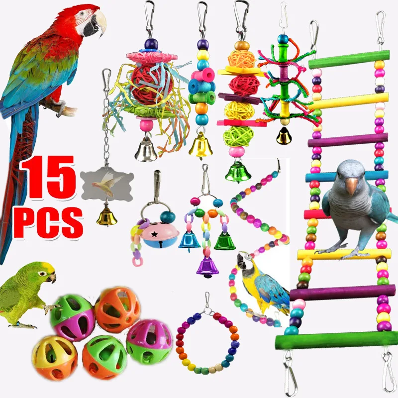 Juego de juguetes para pájaros combinados, columpio, juguetes de entrenamiento para masticar, hamaca colgante para loros pequeños, jaula para loros, campana, perca, juguetes con escalera