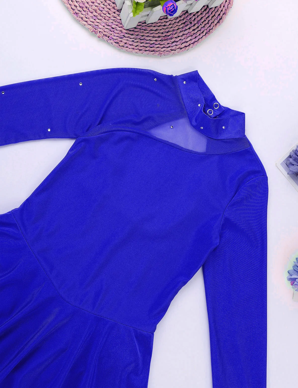 Vestido de patinaje sobre hielo de manga larga para niñas, malla transparente con diamantes de imitación, leotardo de baile de Ballet, vestidos de patinaje sobre ruedas huecos de tul