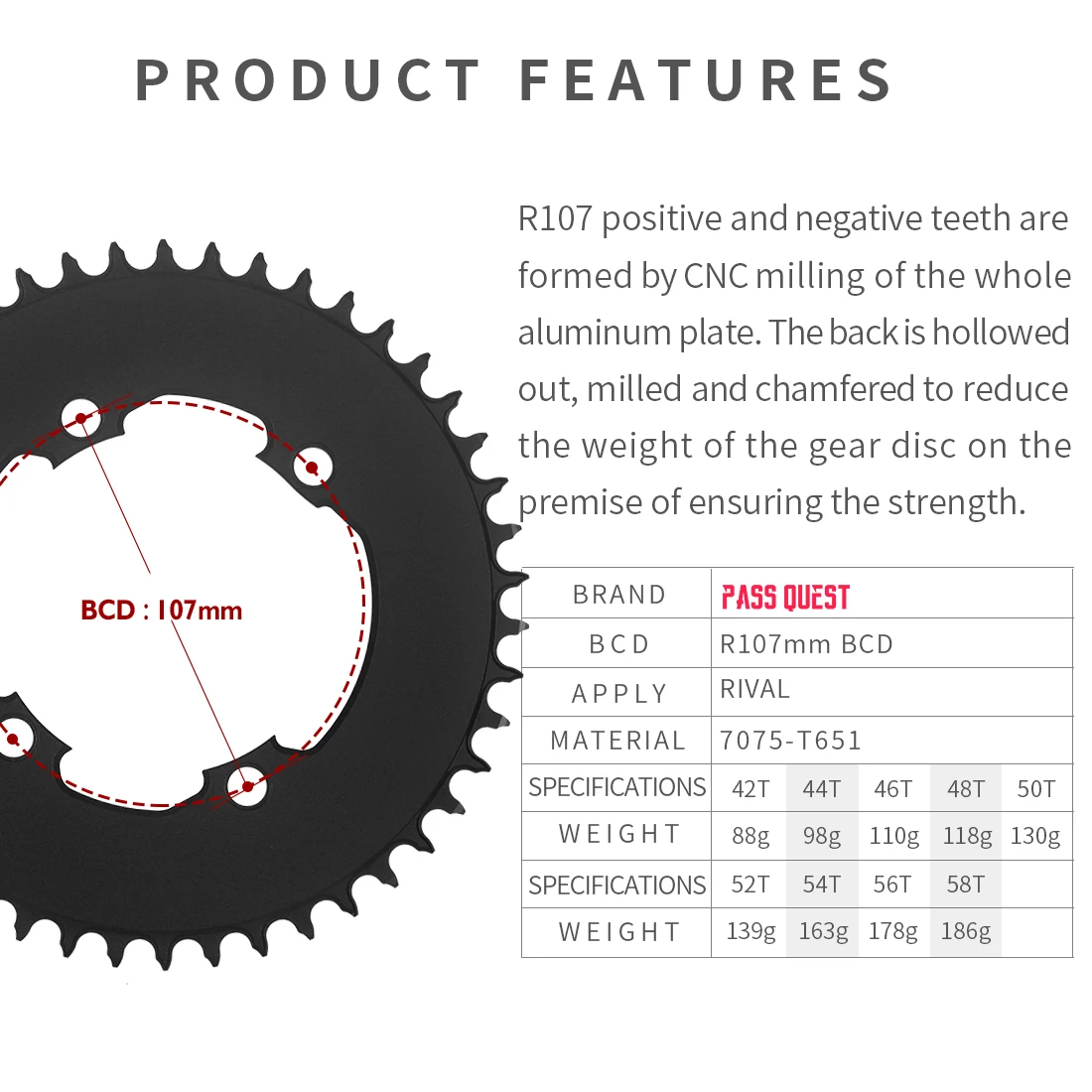 Plato BCD de 107mm para Sram RIVAL CRANK 42T 44T 46T 48T 50T 52T, cadena de bicicleta de carretera 107bcd
