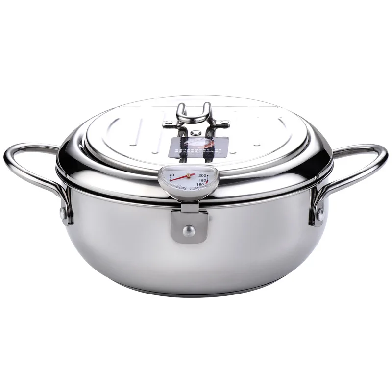 LMETJMA-Sartén japonesa con termómetro y tapa, sartenes de acero inoxidable 304 para cocina, freidora tempura de 20 y 24 cm, KC0405