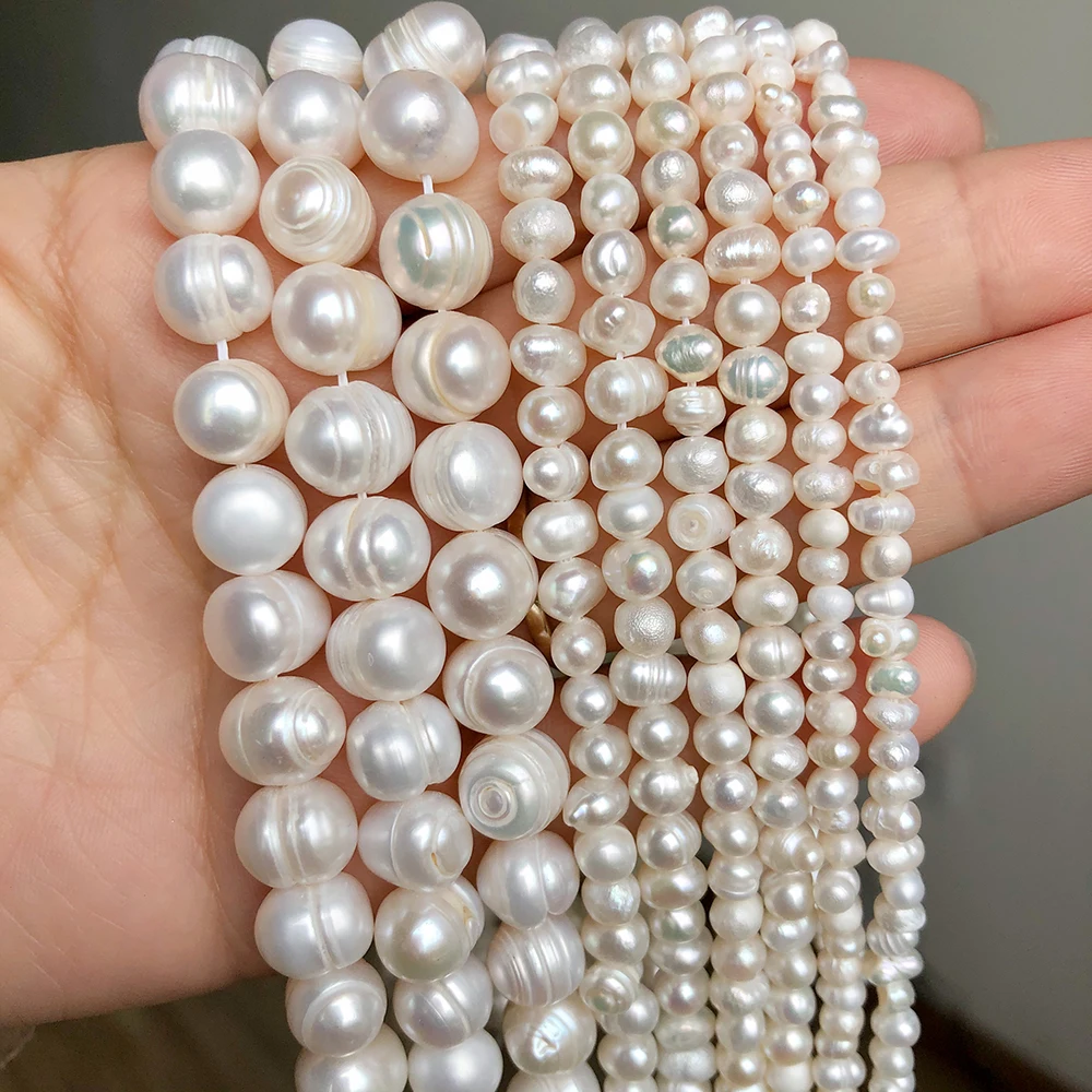 Perlas blancas naturales de agua dulce, perlas cultivadas redondas irregulares para mujer, accesorios de pulsera hechos a mano de 15 pulgadas
