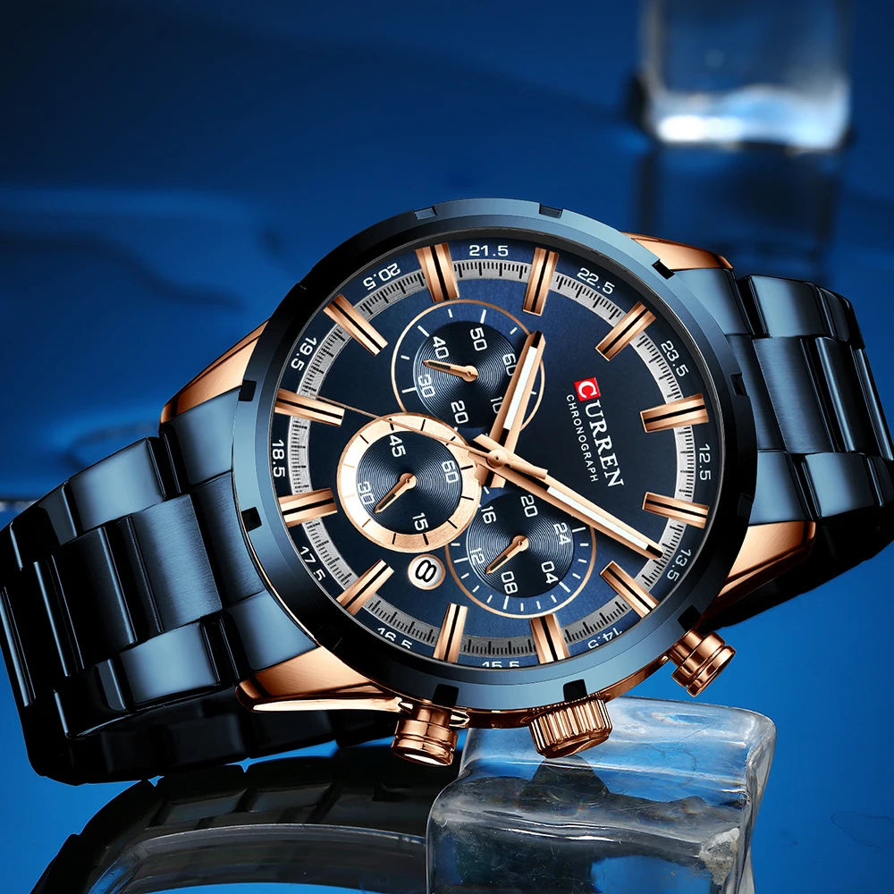 Reloj Curren para hombre, esfera azul, banda de acero inoxidable, fecha, relojes de negocios para hombre, relojes de pulsera de lujo resistentes al agua para hombre