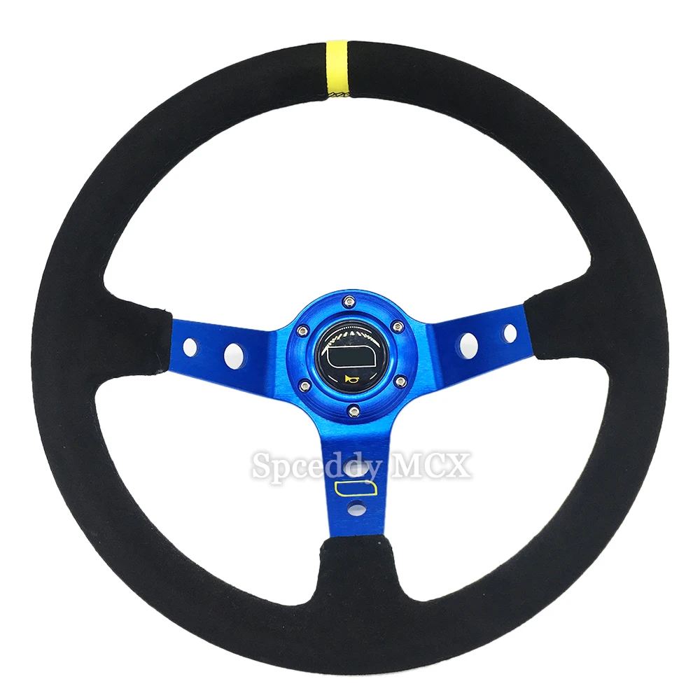 Volante Deportivo de 14 Pulgadas (350mm) de Cuero Suede Profundo para Drifting con Botón de Claxon y 6 Orificios, Negro y Azul