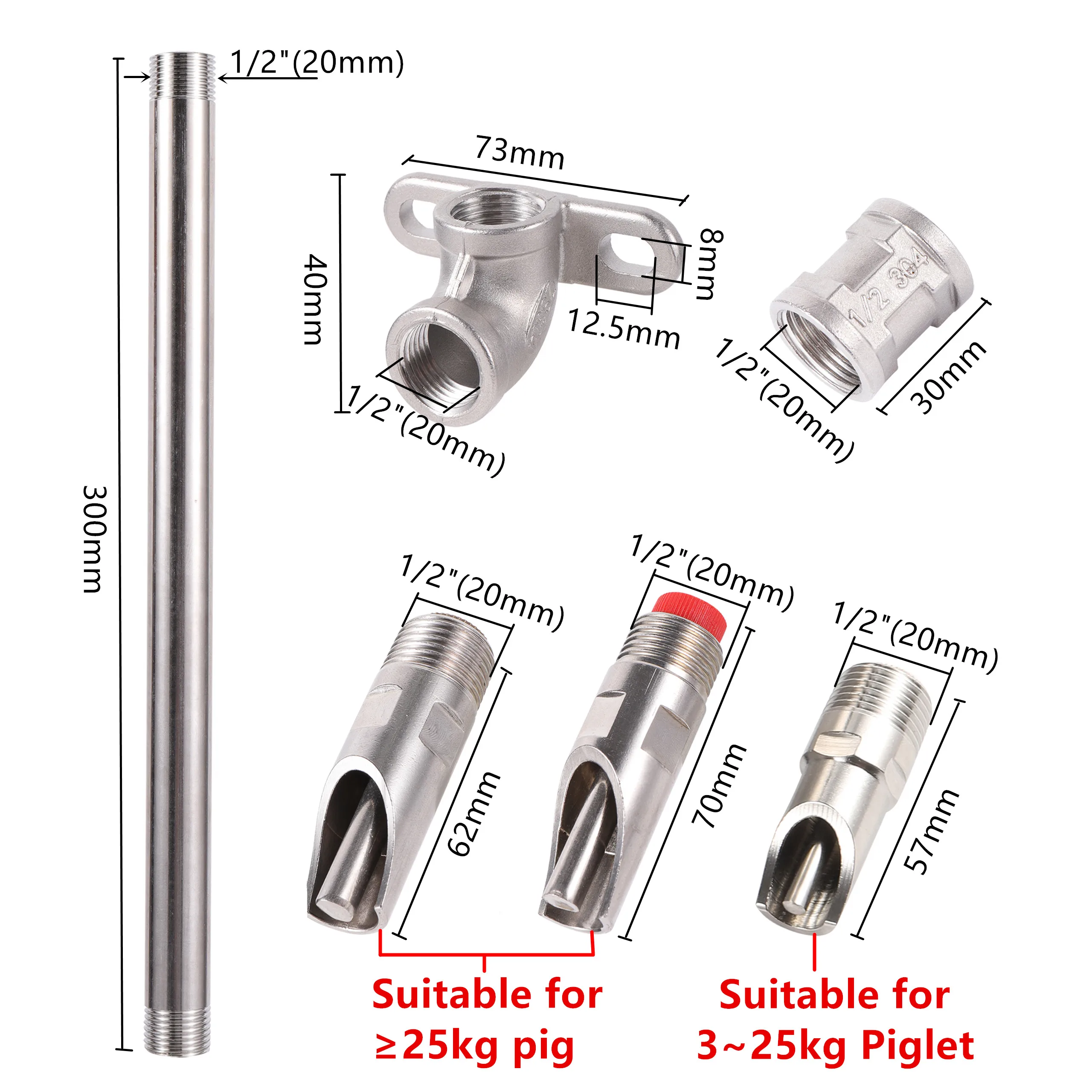 Kit de boquillas para bebedero de cerdo, bebedero automático de acero inoxidable, interfaz roscada de 1/2 ", accesorios de agua potable para ganado