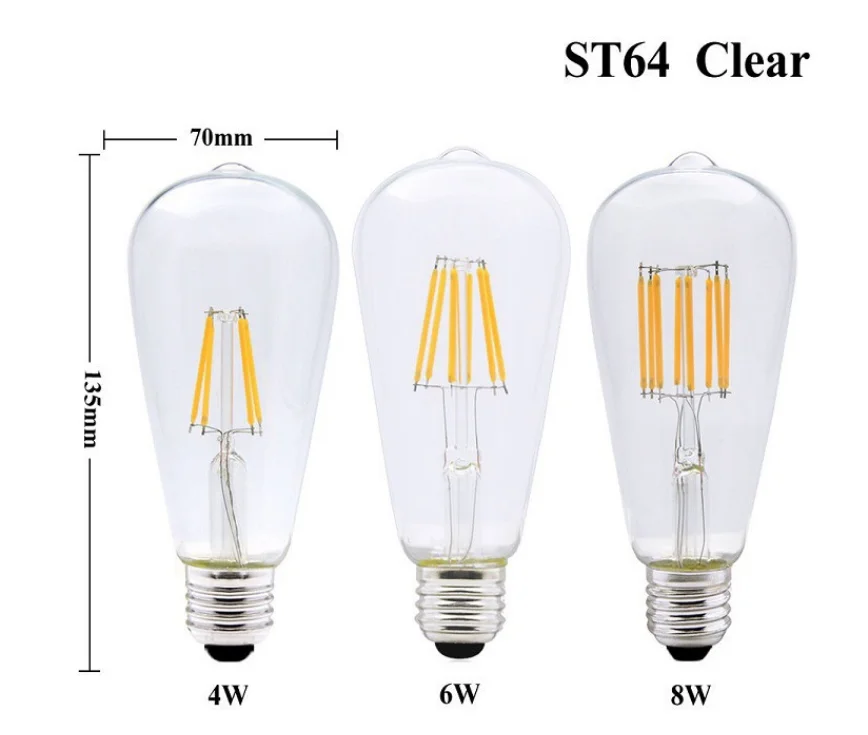 6 uds LED ST64 E27 2W 4W 6W 8W 10W 12W 4000K blanco cálido Intage bombilla de filamento Edison regulable E27 B22 110V 220V lámpara de luz de energía