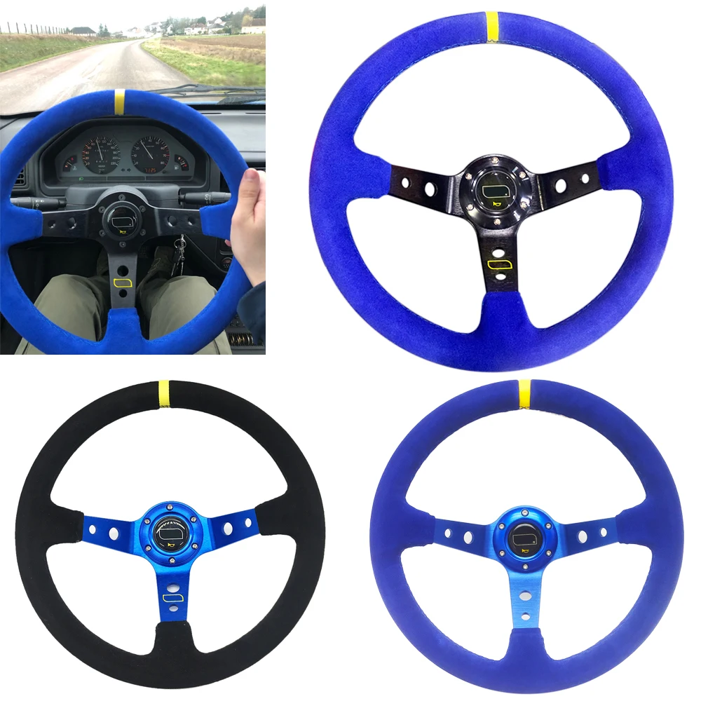 Volante Deportivo de 14 Pulgadas (350mm) de Cuero Suede Profundo para Drifting con Botón de Claxon y 6 Orificios, Negro y Azul