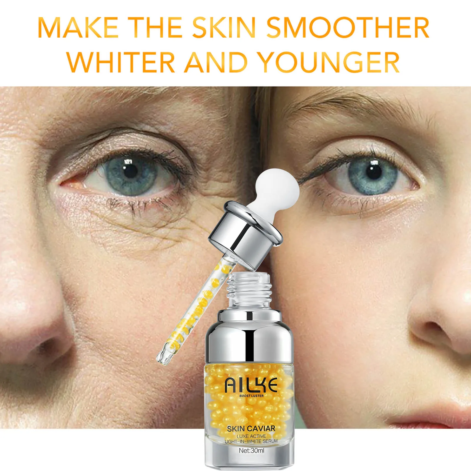AILKE Esencia facial blanqueadora con extracto de caviar, Reduce las arrugas, líneas finas, hidrata, con suero facial de hialuronato de sodio
