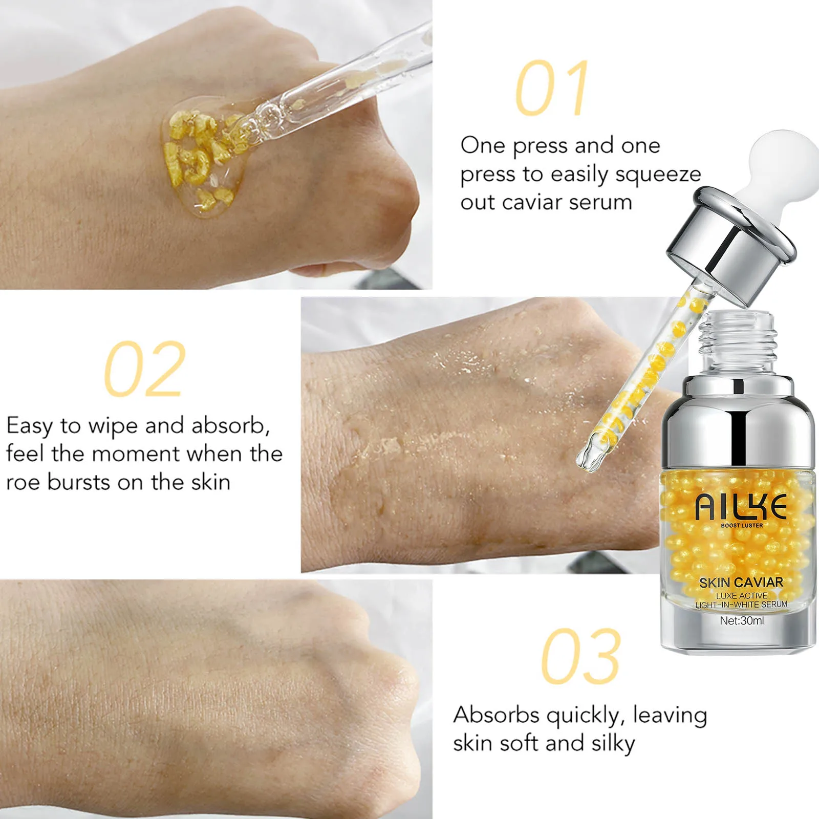 AILKE Esencia facial blanqueadora con extracto de caviar, Reduce las arrugas, líneas finas, hidrata, con suero facial de hialuronato de sodio