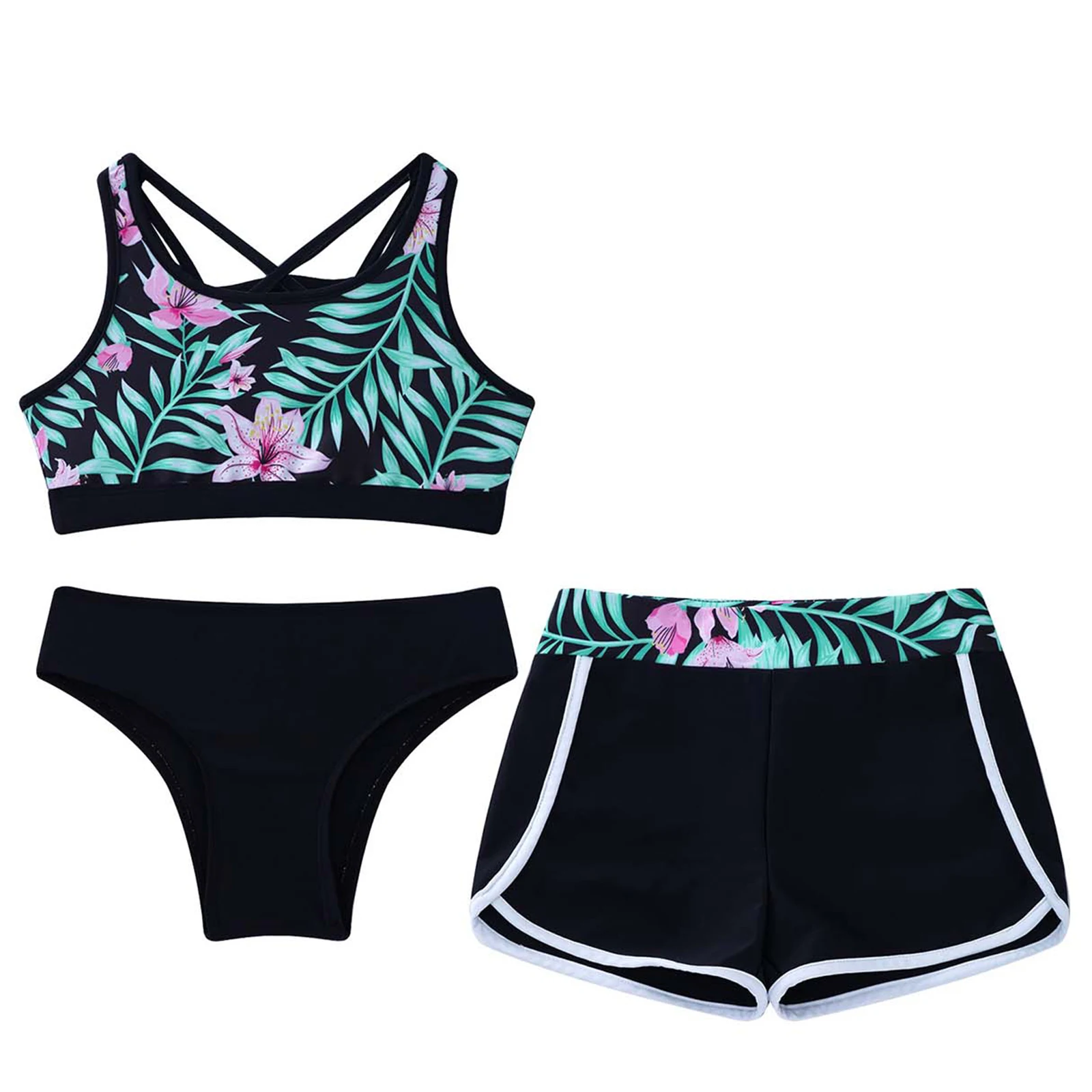 Traje de baño estampado para niñas adolescentes, traje de baño con tirantes cruzados, Tops cortos con pantalones cortos, conjunto de bragas, traje de baño para playa, piscina, parque acuático, protector contra sarpullidos
