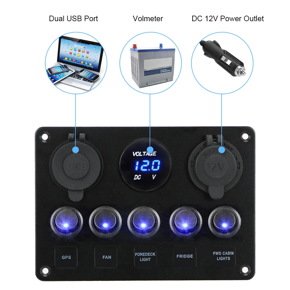 Panel de interruptor LED de 12V, 24V, 5 botones, cargadores USB, calibre de 3,0 voltios para coche, barco, camión, remolque, accesorios para caravana