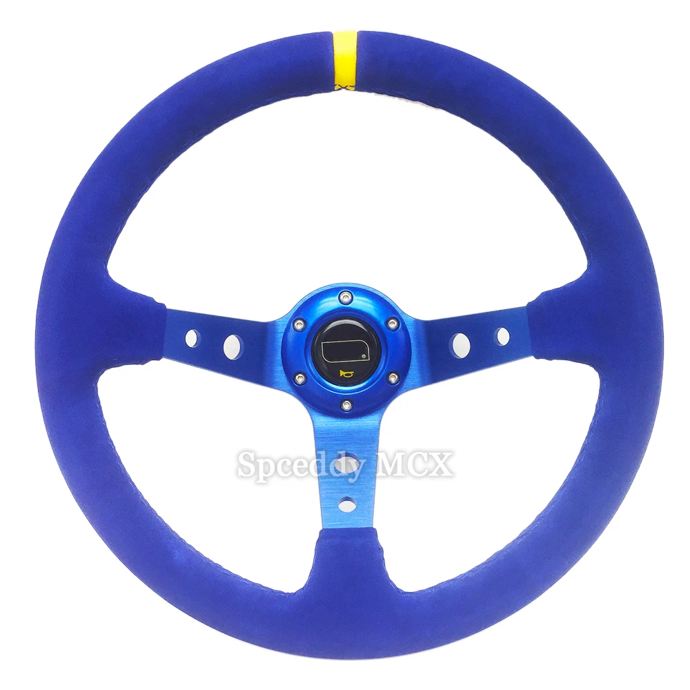 Volante Deportivo de 14 Pulgadas (350mm) de Cuero Suede Profundo para Drifting con Botón de Claxon y 6 Orificios, Negro y Azul
