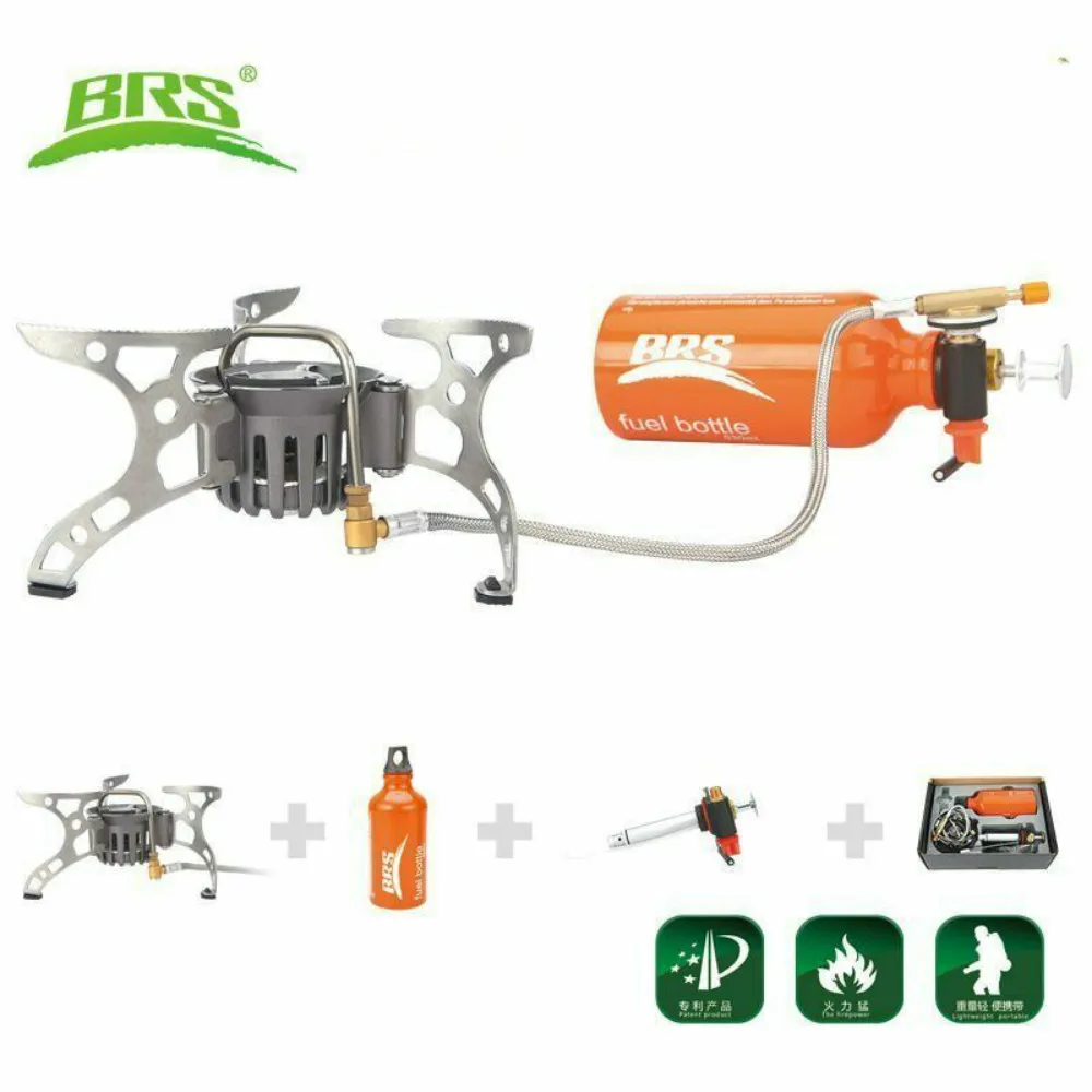 BRS-8 Estufas de camping portátiles para uso en exteriores, multiuso para aceite/gas, con una botella de combustible, utensilios de cocina plegables para senderismo, juego de quemadores para picnic.