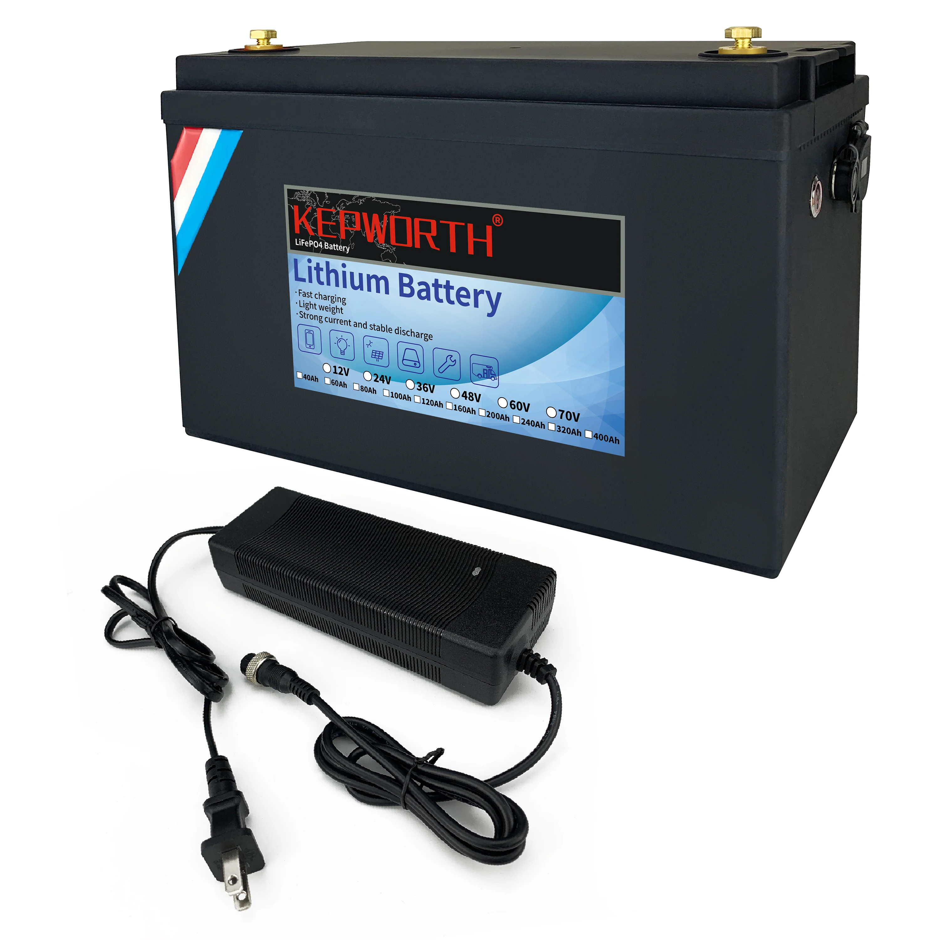 Batería de fosfato de hierro y litio KEPWORTH LiFePO4 de 12V 24V con BMS 50 100 120 135 300Ah para carrito de golf EV RV almacenamiento de energía Solar