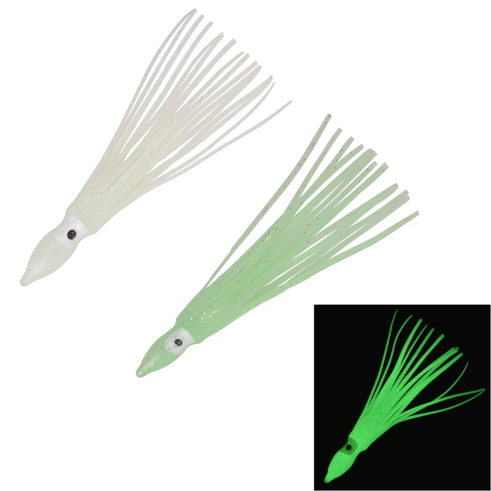 120 Uds faldas de calamar fluorescentes Jig cebo luminoso pulpo señuelos cebo suave agua salada Trolling Señuelos de pesca de fundición 7cm 9cm 11cm