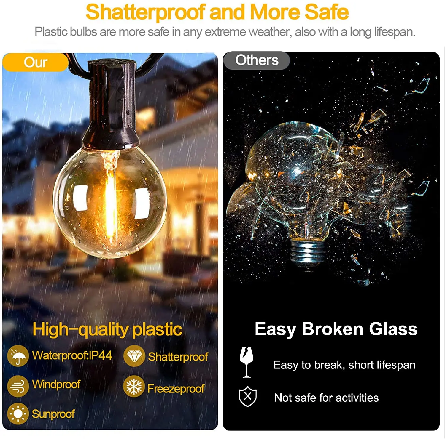 Guirnaldas de luces alimentadas por energía Solar para exteriores, 12M, 30 LEDS, G40, luces colgantes de globo impermeables con energía Solar y USB, inastillables