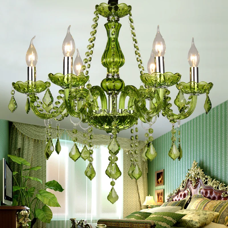 Candelabro de cristal verde de lujo, lámpara colgante de vela E14 para salón de bodas, dormitorio, Villa, Hotel, restaurante, cafetería, Bar