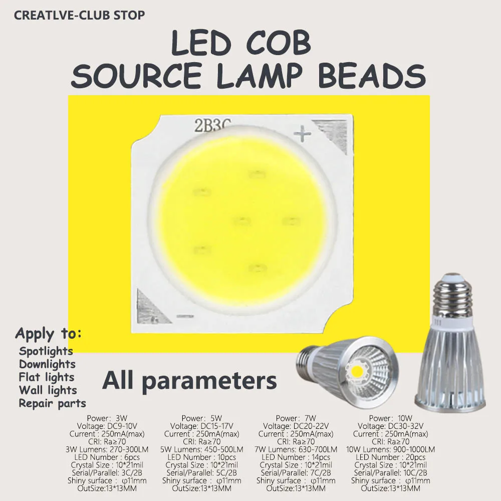 10 unidades de chips LED COB de 3W/5W/7W/10W, fuente de luz LED de 13mm para bombillas LED, lámparas, focos, luces empotradas y diodos LED