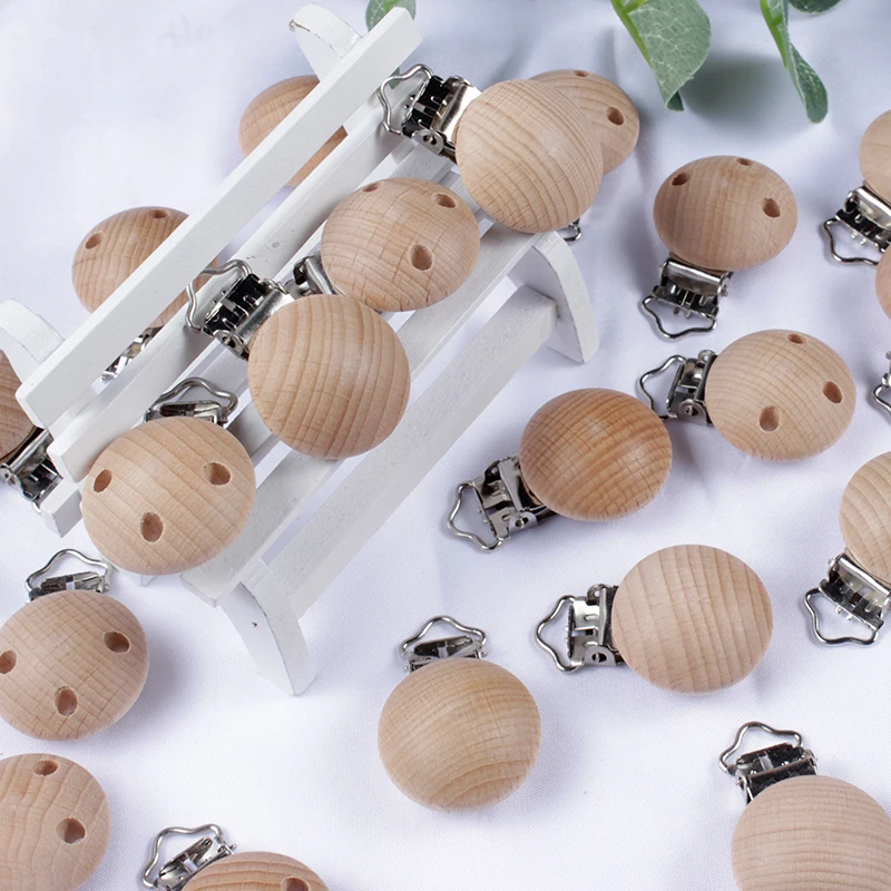 20 unids/lote Clip de madera para chupete, Clips para chupete de haya, Clips masticables para dentición, cadenas con Clip para chupete, mordedor para bebé, accesorios de lactancia
