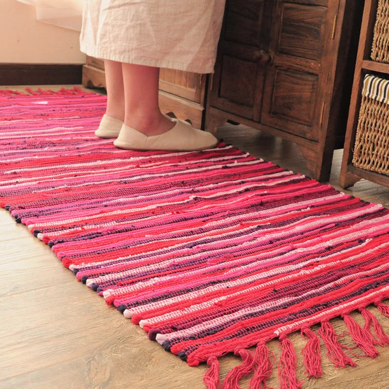 Alfombra y alfombra Retro hecha a mano con borlas de tela de algodón para el hogar, tapiz para el salón, alfombra absorbente para el suelo, decoración Bohemia para cocina